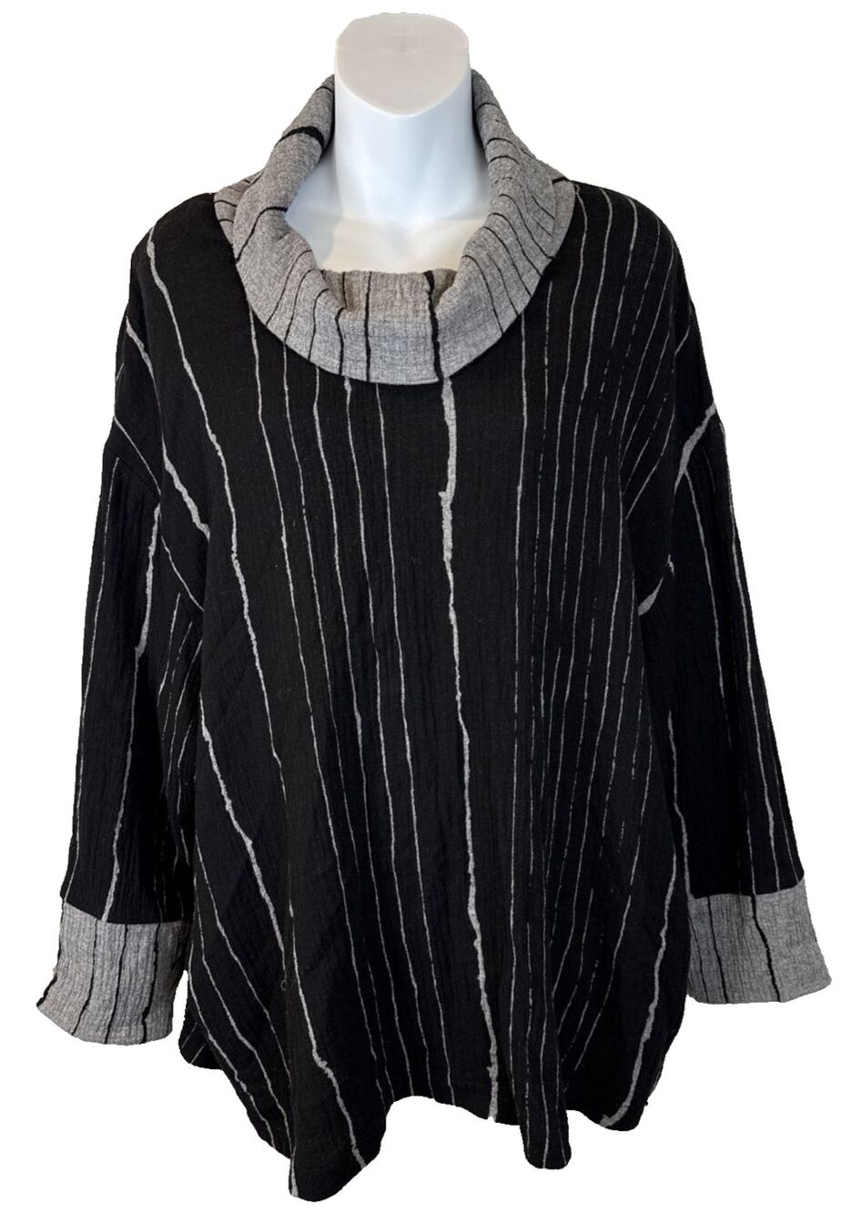 Q’neel Nordic Design Cowl Neck Tunic S Black Grey Striped Wool Viscose Stretch